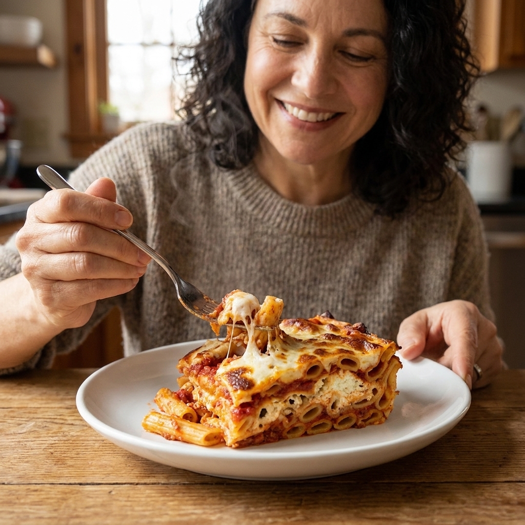 A plated slice of baked ziti with visible layers of pasta, marinara, ricotta pockets, and melted mozzarella, with a fork cutting into it