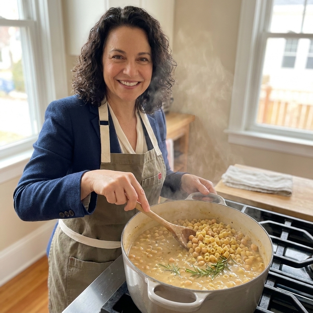 A pot on the stove filled with simmering pasta e ceci, showing chickpeas and small ditalini pasta in a thick, creamy broth with rosemary