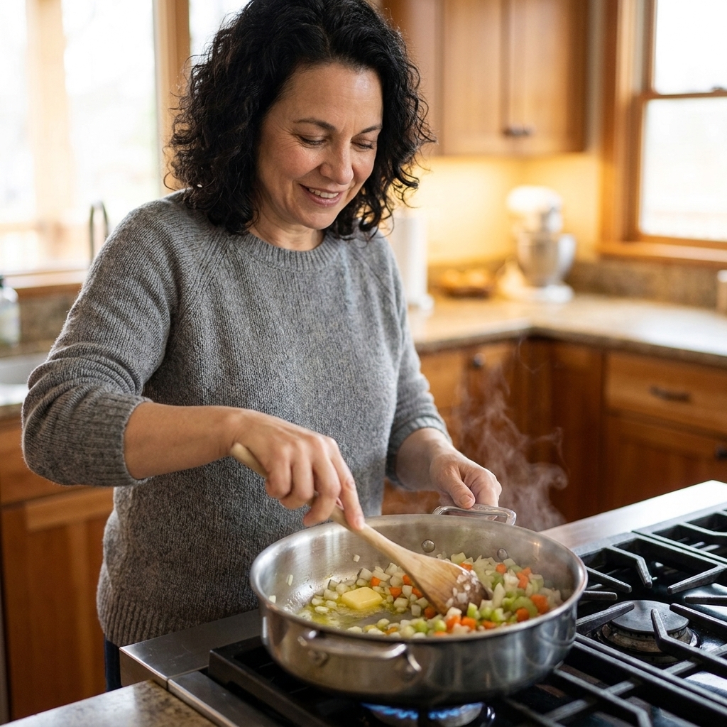 A pot on the stove with finely diced onion, carrot, and celery gently softening in butter and olive oil, with a wooden spoon resting inside