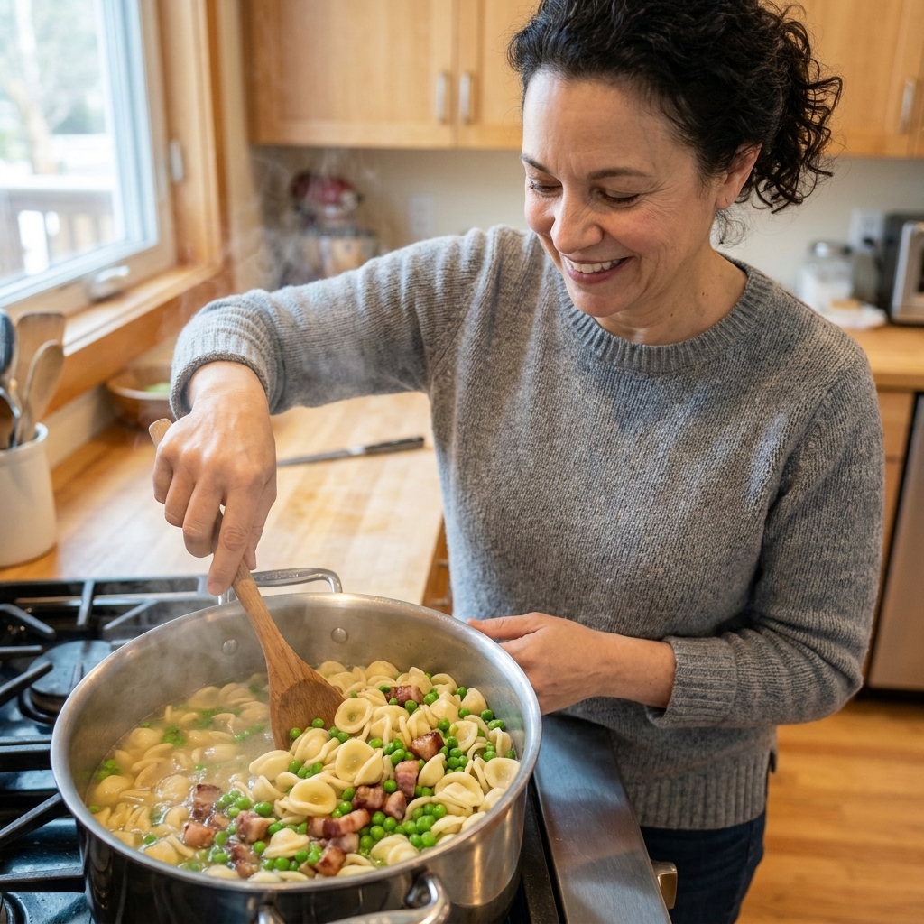 A pot on the stove with pasta, peas, and pancetta simmering together in a light broth, with a wooden spoon stirring