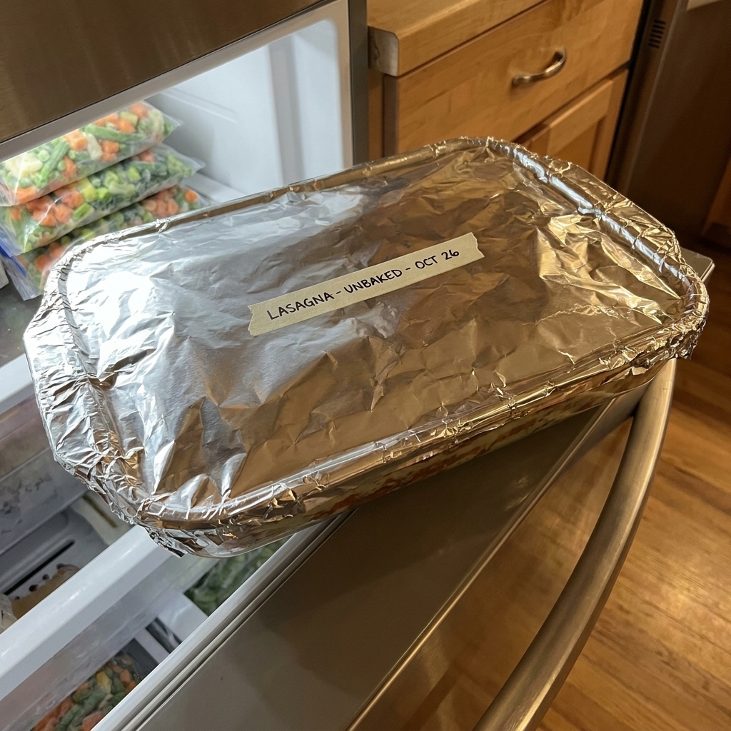 A rectangular pan of unbaked lasagna tightly wrapped in foil with the edges crimped, ready to go into the freezer