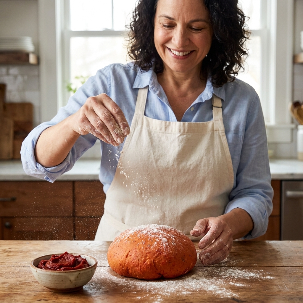 A red-orange ball of tomato pasta dough on a floured counter beside a small bowl holding thick tomato paste