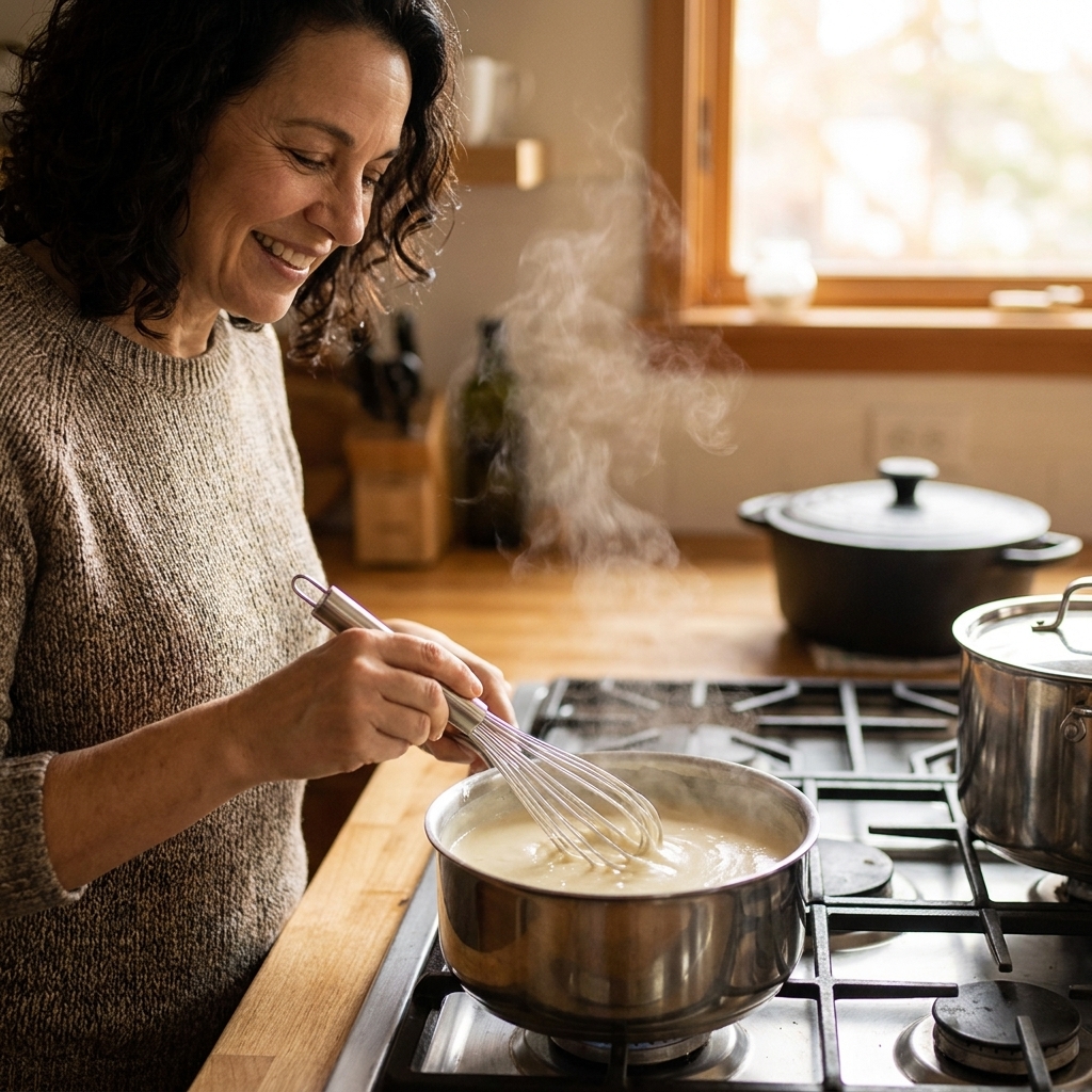 A saucepan of creamy béchamel sauce being whisked on the stove, with a smooth glossy texture and gentle steam rising