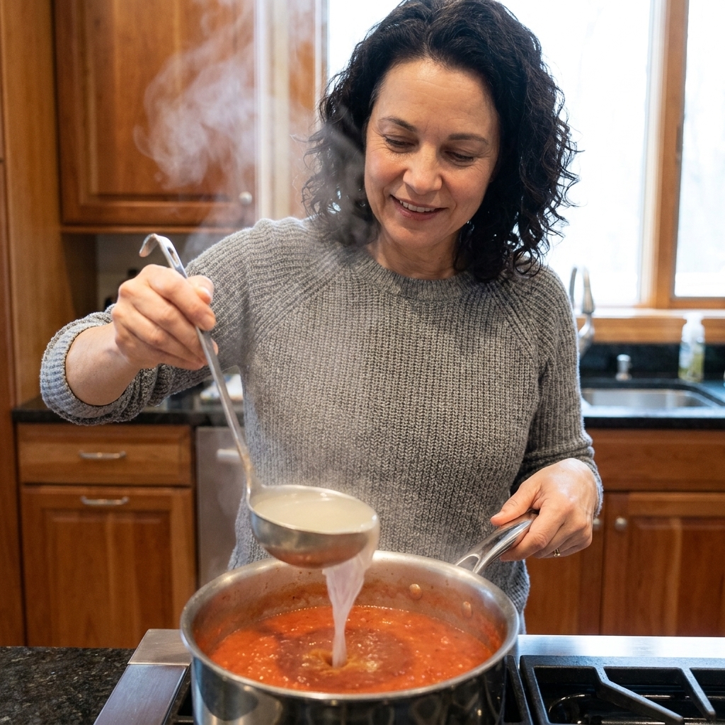 A saucepan of marinara being loosened with a ladle of starchy pasta water, with steam rising