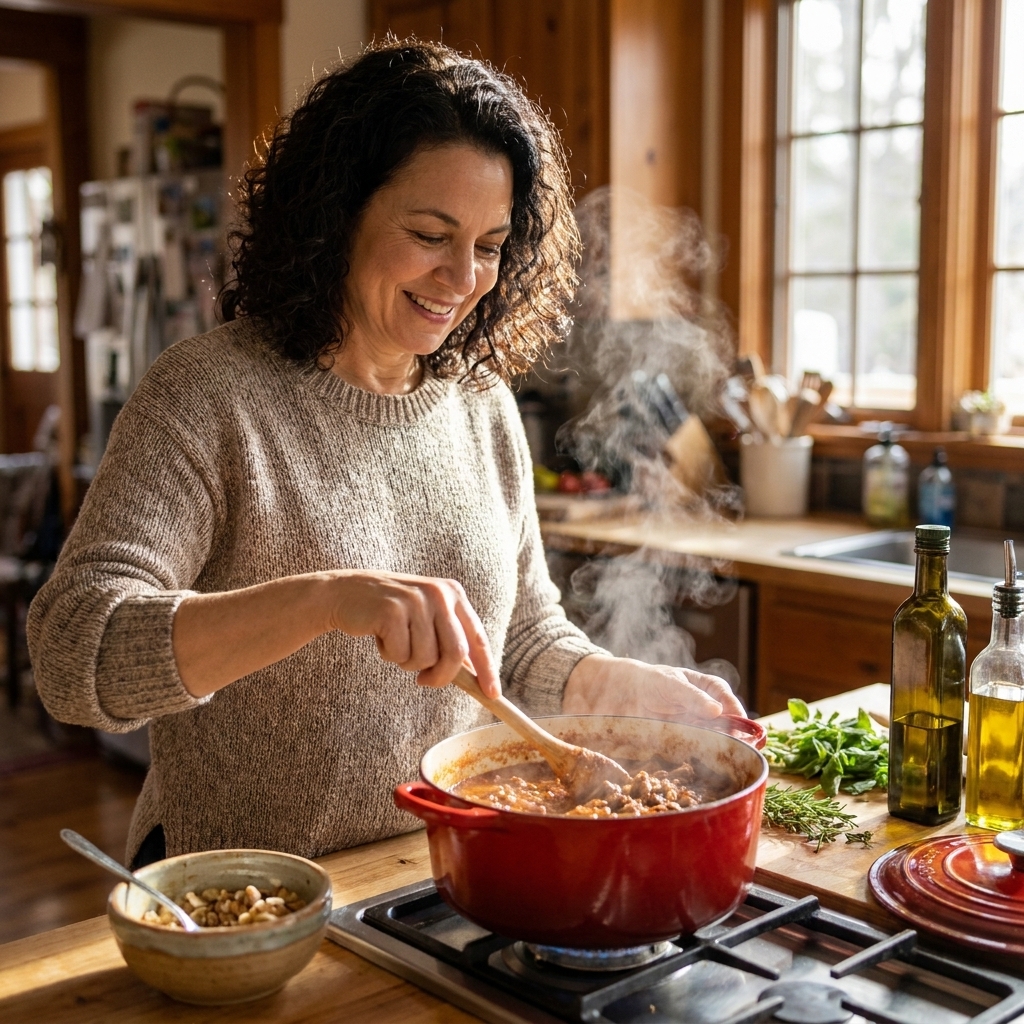 A saucepan on a stovetop with homemade meat ragù gently simmering, a wooden spoon resting inside, with steam rising in a cozy home kitchen