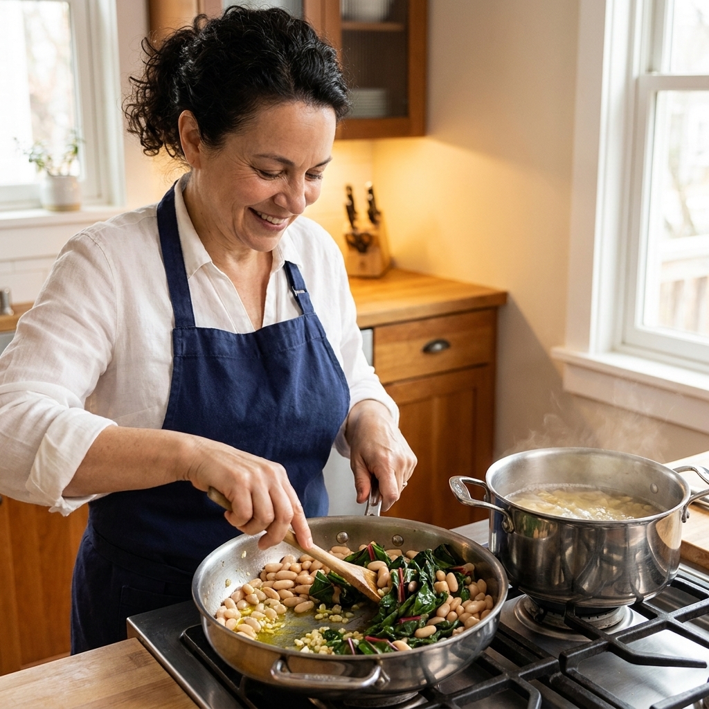 A sauté pan with cannellini beans and wilted greens being stirred with garlic and olive oil, with a pot of pasta water simmering nearby