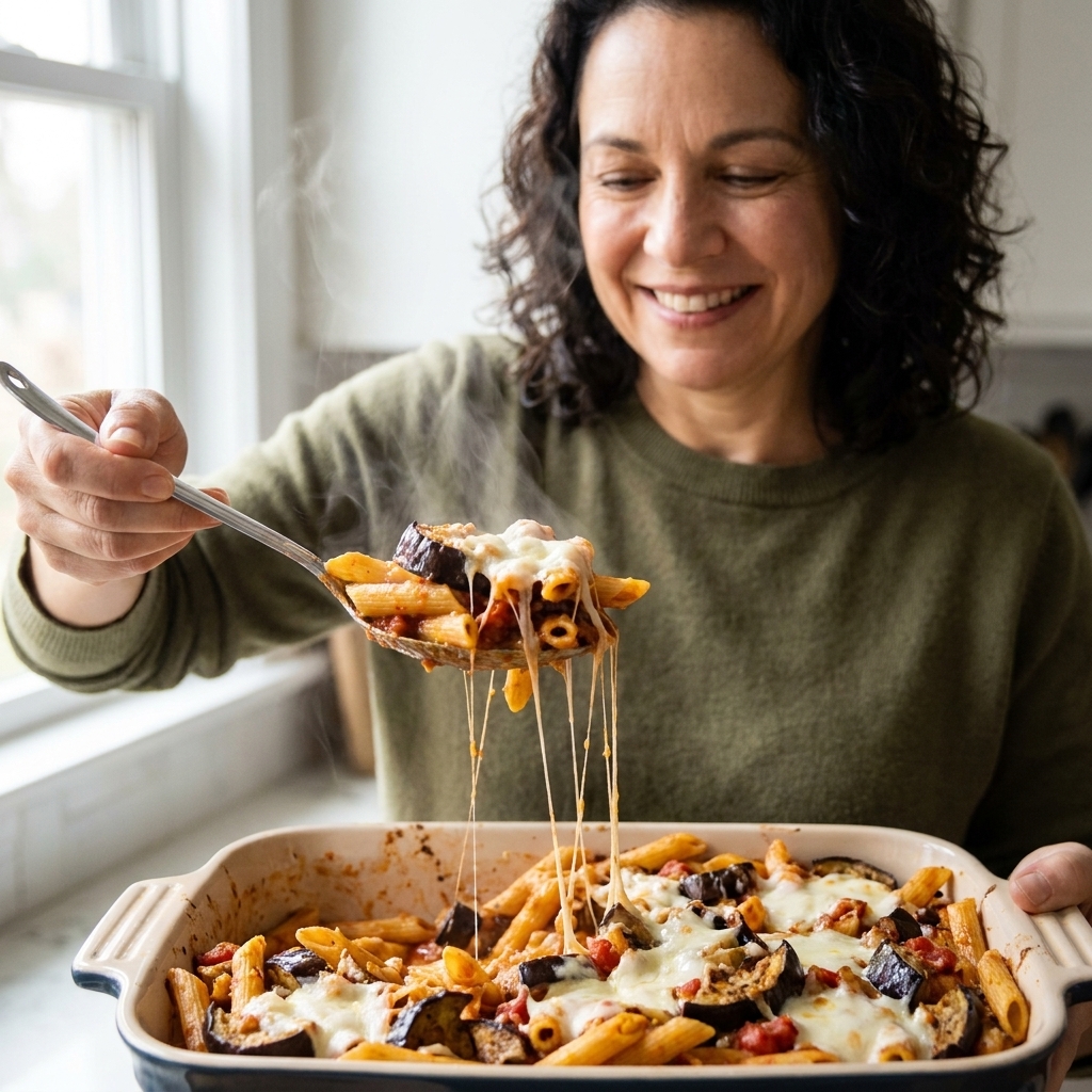 A serving spoon lifting a steamy portion of baked penne with roasted eggplant and melted mozzarella from the baking dish, showing stretchy cheese and saucy pasta