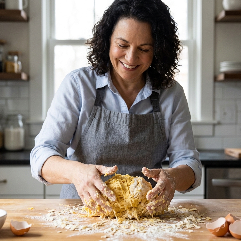 A shaggy, partially mixed ball of egg pasta dough with dry flour flakes around it on a countertop