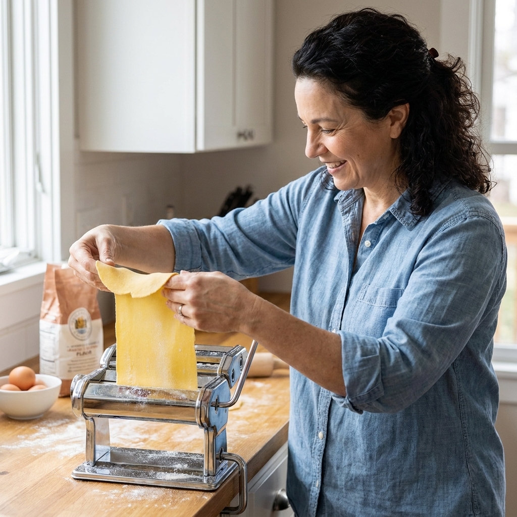 A sheet of fresh egg pasta dough being rolled through a hand-crank pasta machine on a kitchen counter
