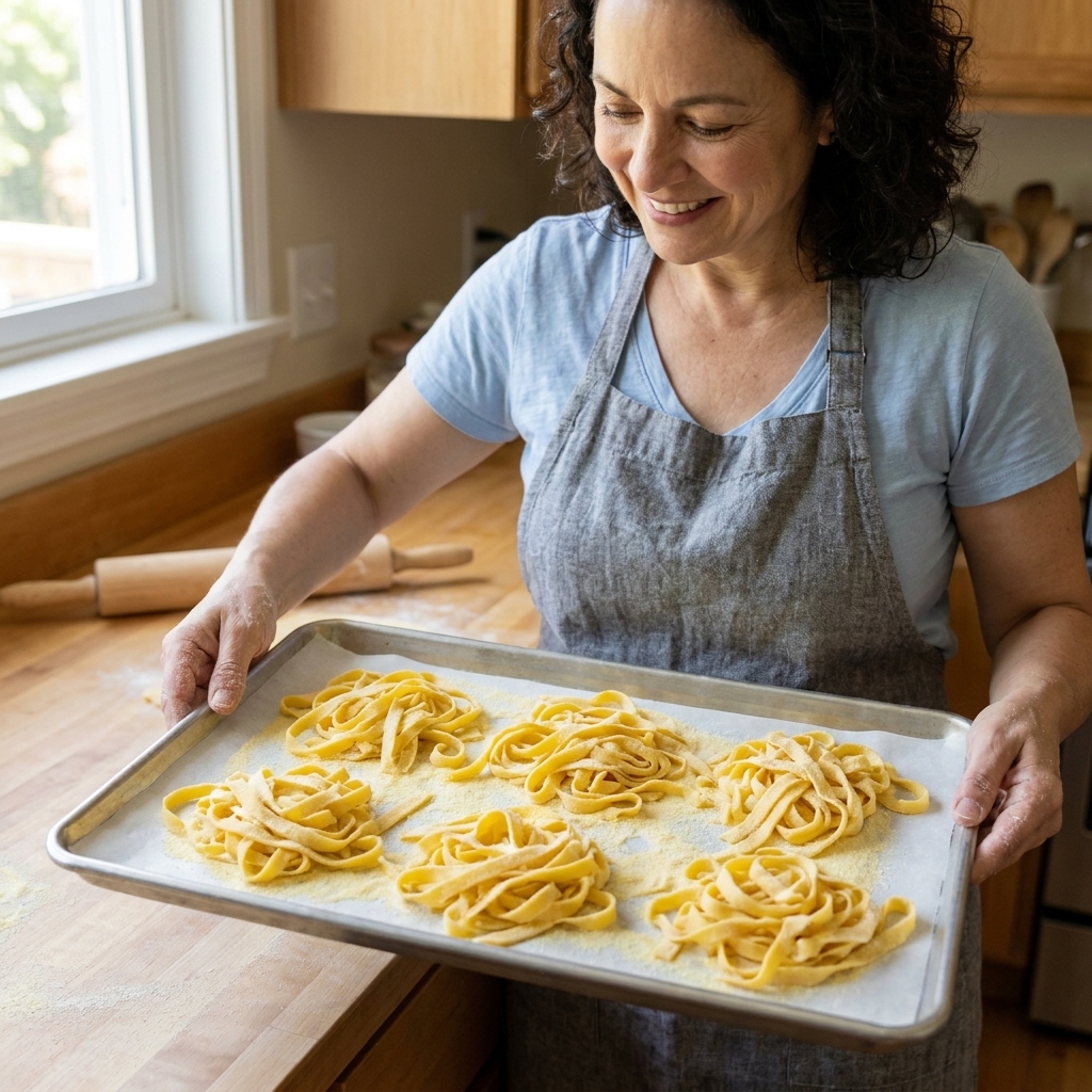A sheet pan lined with parchment holding separated strands of fresh homemade tagliatelle dusted with semolina in a home kitchen