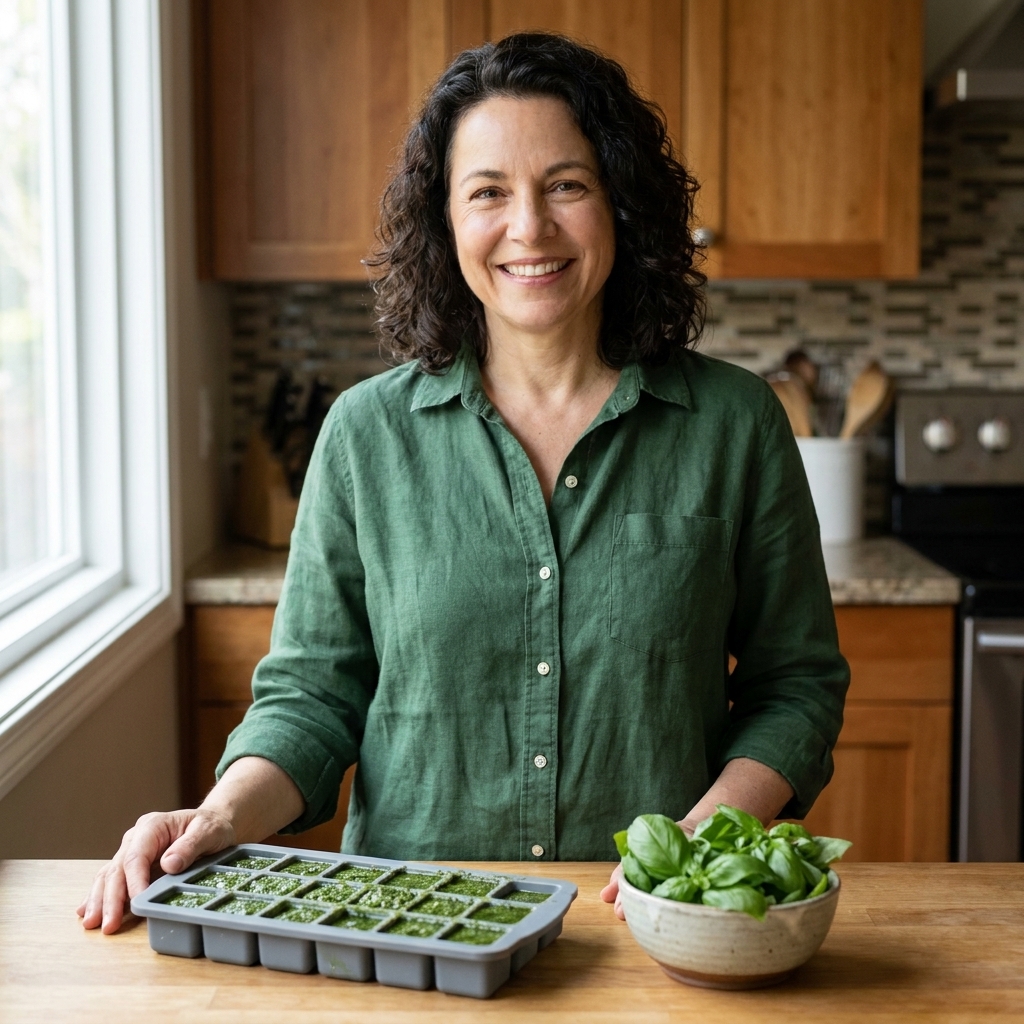 A silicone freezer tray filled with deep green basil pesto cubes on a kitchen counter, with a small bowl of fresh basil nearby