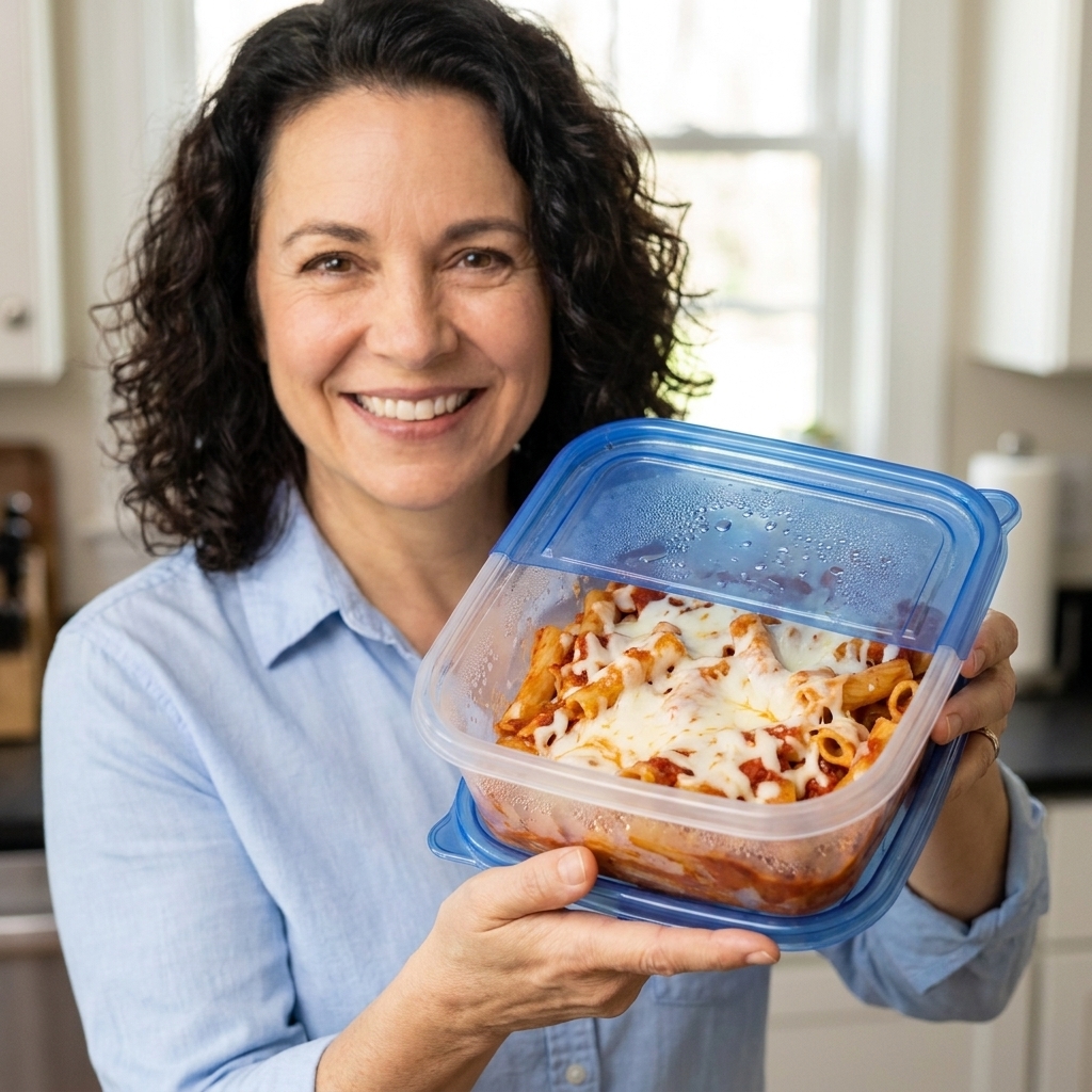 A single serving of baked ziti in a clear freezer container with a snap-on lid, chilled and ready for freezing