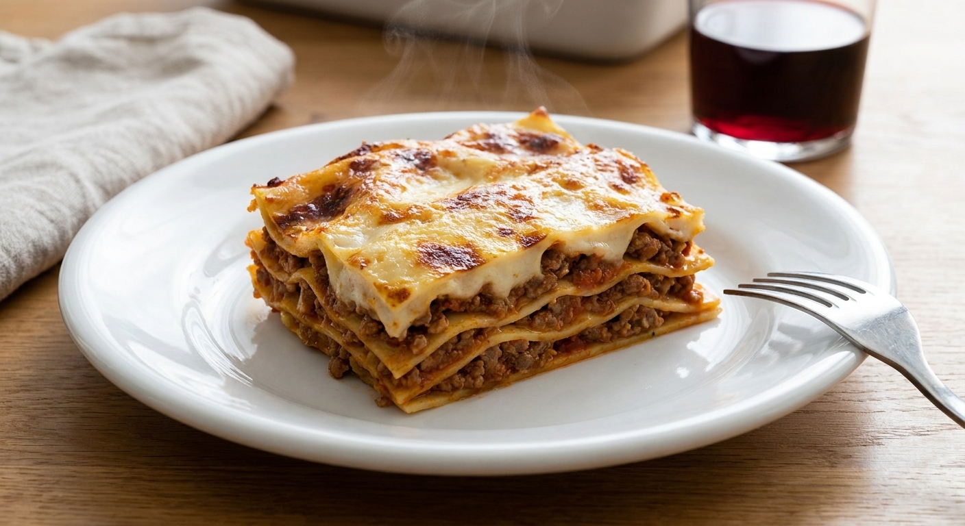A single slice of lasagna alla bolognese on a plate showing thin layers of pasta, ragù, and creamy béchamel, with steam rising