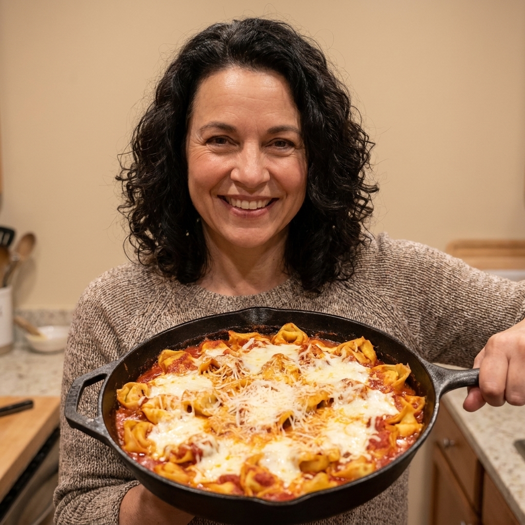 A skillet of baked cheese tortellini in marinara sauce topped with melted mozzarella and grated Parmesan, bubbling at the edges
