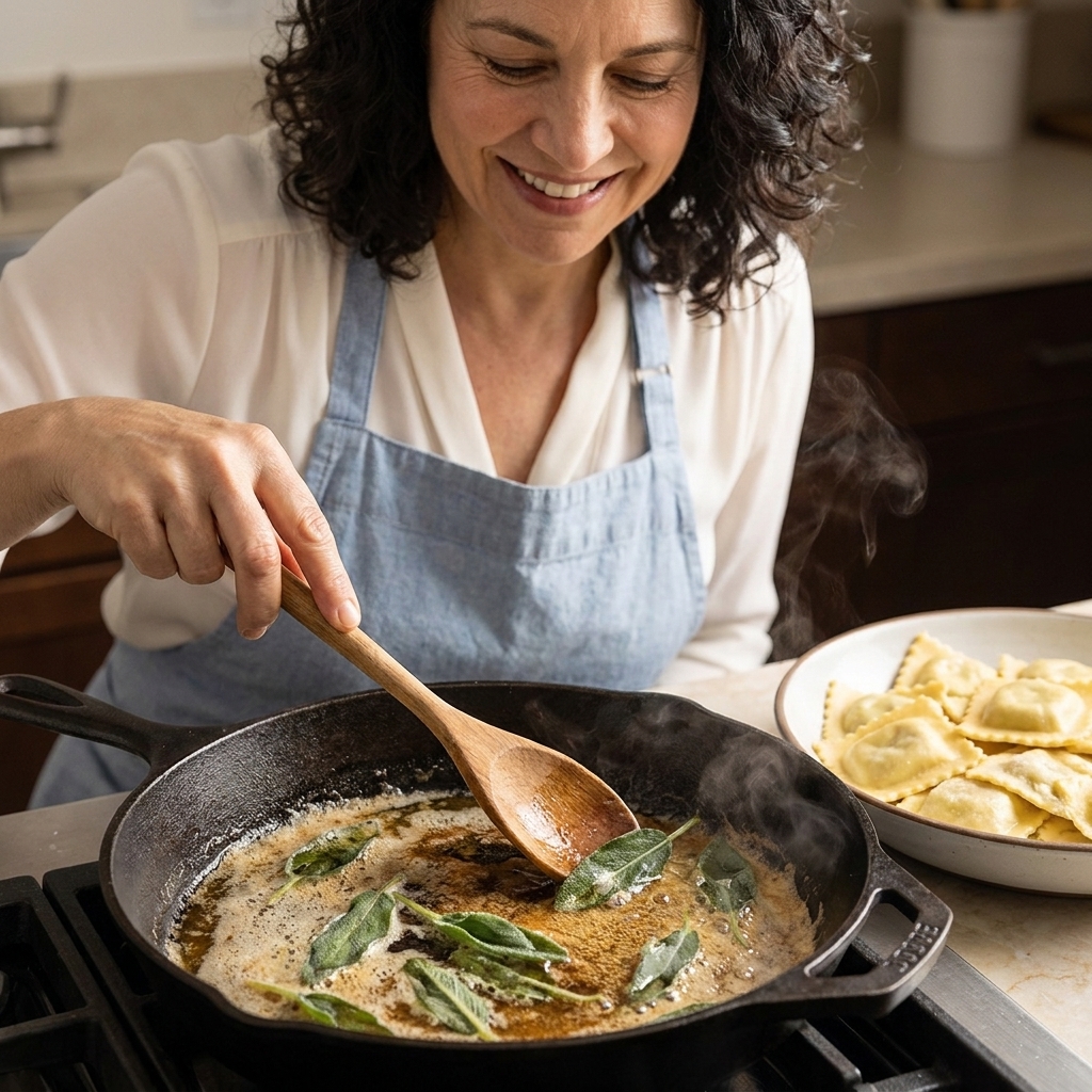 A skillet of melted butter with whole sage leaves sizzling gently, ready to sauce fresh ravioli