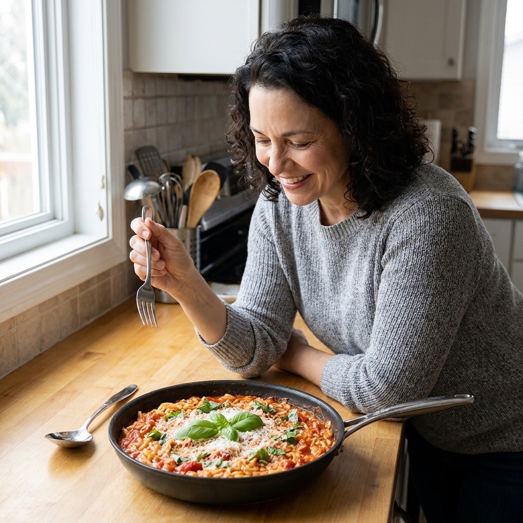 A skillet of tomato-based pasta risottata finished with fresh basil leaves and grated cheese, set on a kitchen counter with a spoon nearby