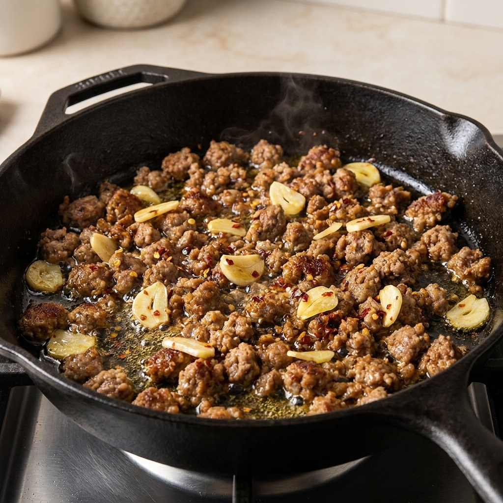 A skillet with browned crumbled Italian sausage, sliced garlic, and red pepper flakes sizzling in olive oil