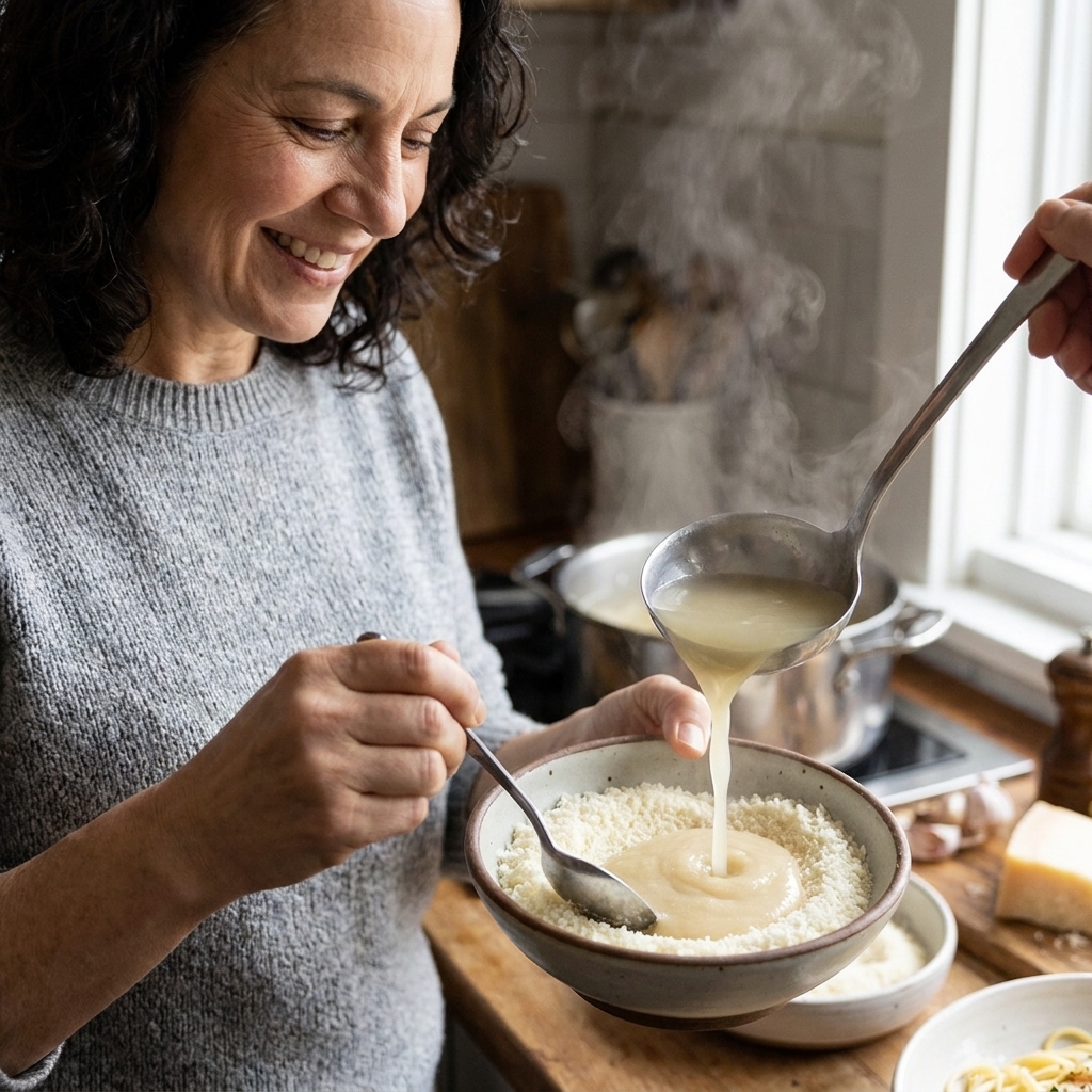 A small bowl of finely grated Pecorino Romano being stirred with warm pasta water into a smooth, thick paste