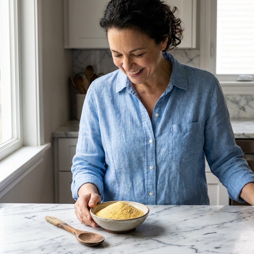 A small bowl of golden durum semolina flour on a marble countertop with a wooden spoon resting beside it