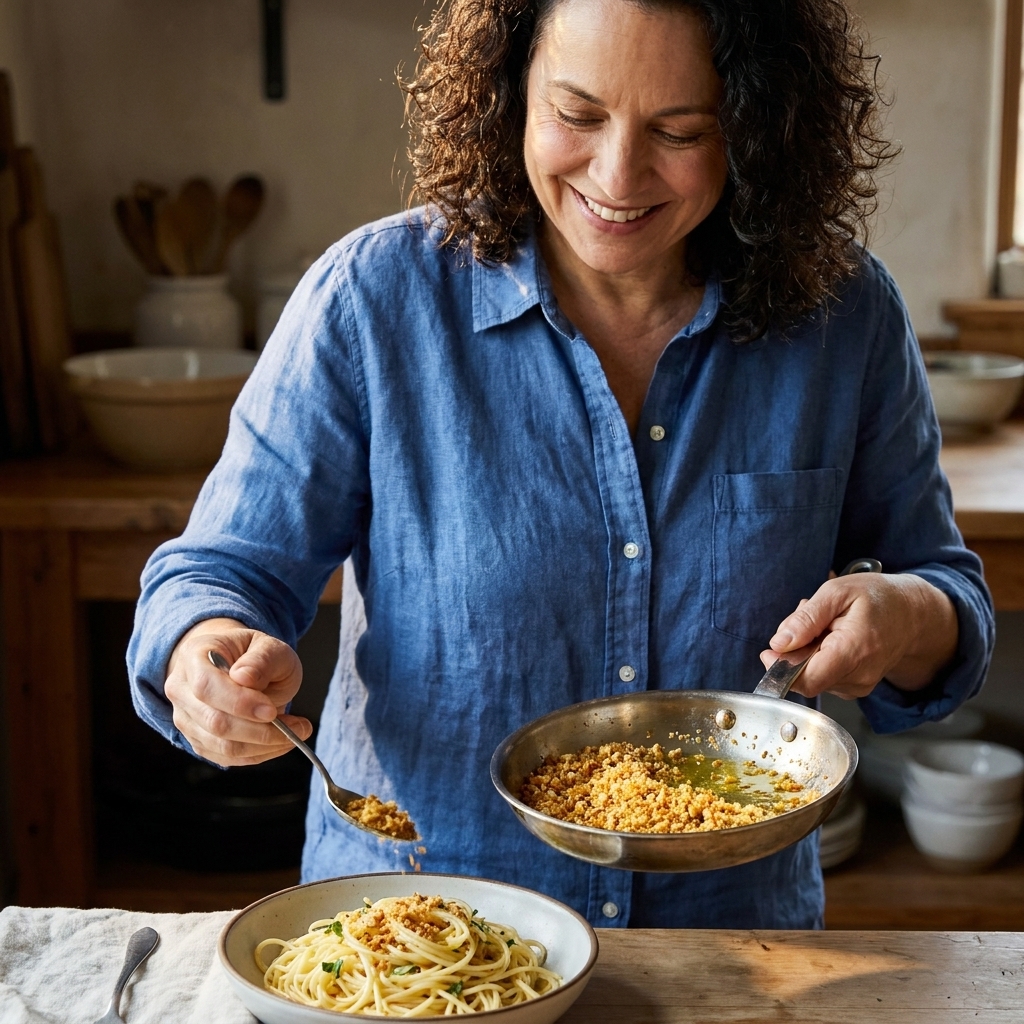A small pan of golden toasted breadcrumbs in olive oil, ready to spoon over a bowl of pasta