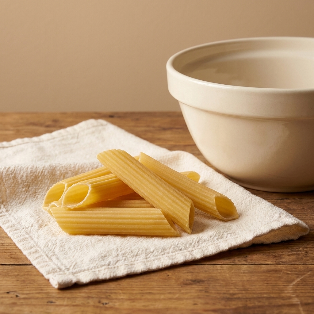 A small pile of uncooked ridged manicotti pasta tubes on a kitchen towel beside a mixing bowl