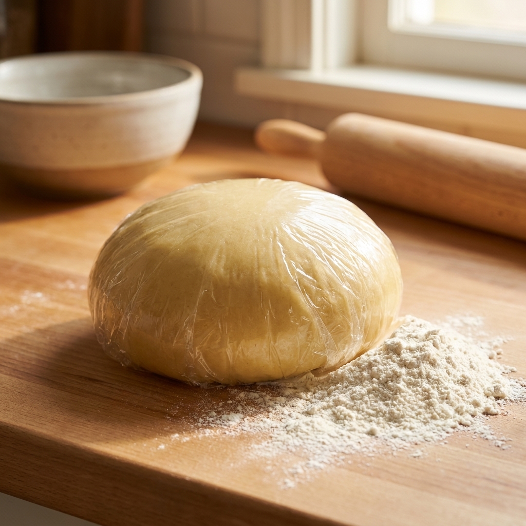 A smooth ball of fresh pasta dough wrapped in plastic on a kitchen counter, resting next to a small pile of flour