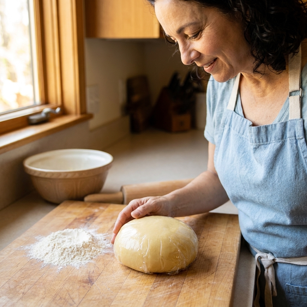 A smooth ball of pasta dough tightly wrapped in plastic wrap resting on a cutting board beside a small pile of flour