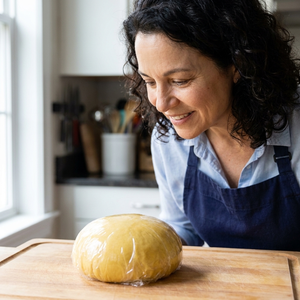 A smooth ball of pasta dough wrapped tightly in plastic wrap resting on a cutting board