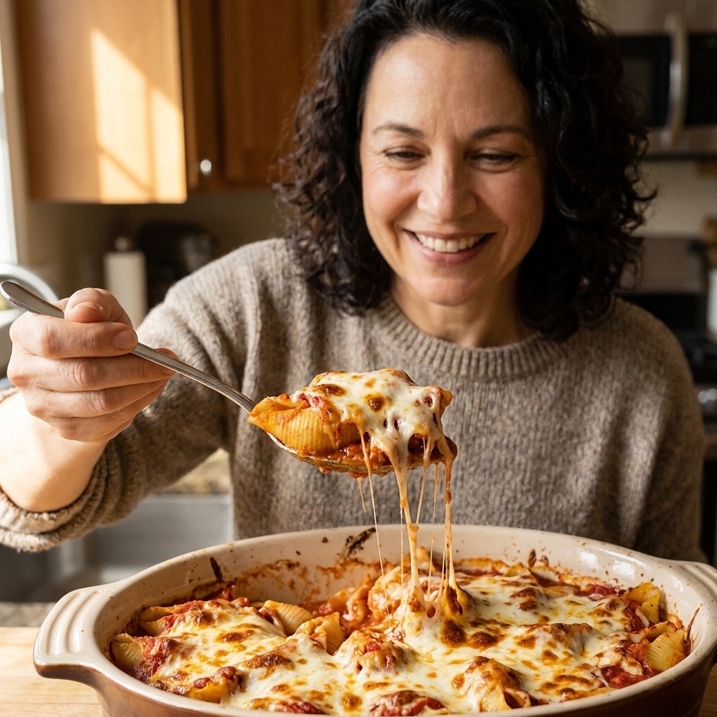 A spoon lifting cheesy baked pasta shells from a casserole dish, with browned mozzarella stretching and tomato sauce clinging to the shells