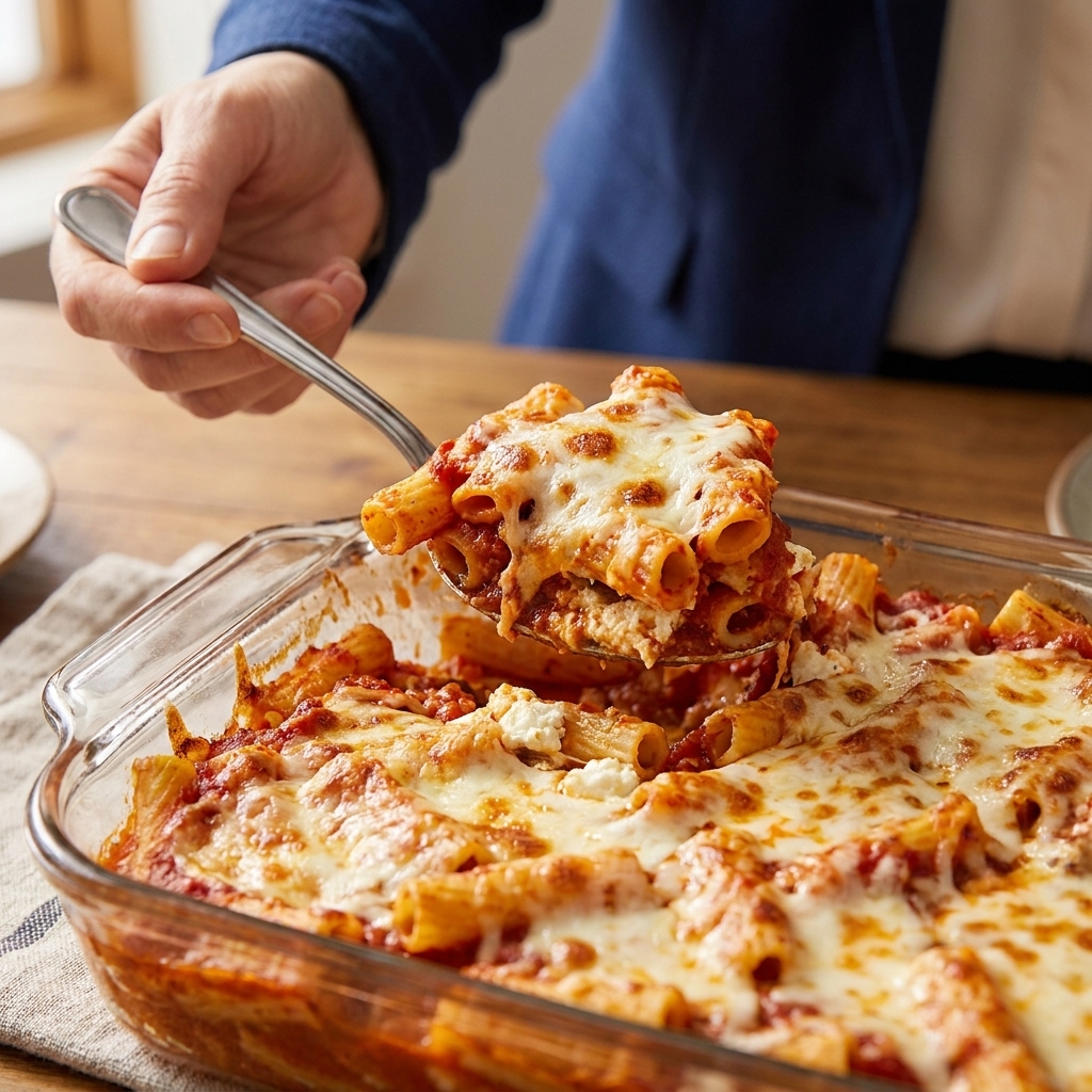 A spoon scooping baked ziti with marinara and pockets of ricotta from a glass baking dish, with browned mozzarella on top