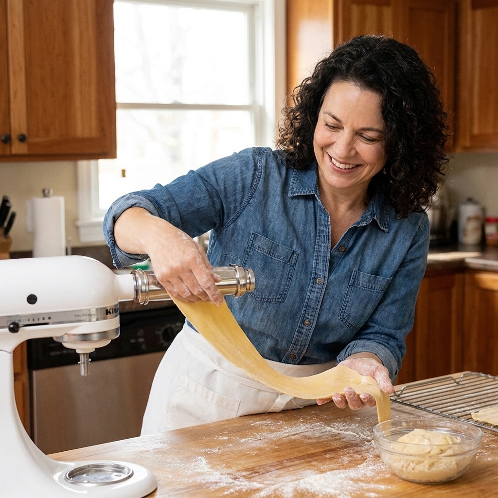 A stand mixer on a home kitchen counter fitted with a pasta roller attachment while a cook guides a sheet of pasta dough through with both hands