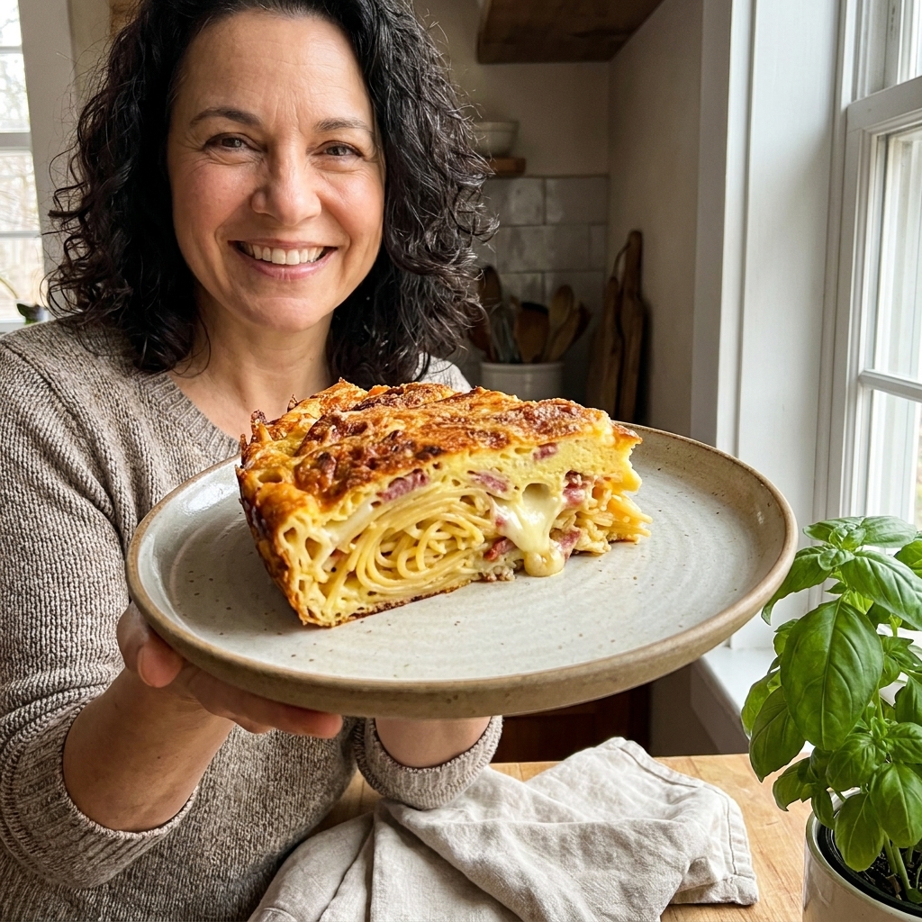 A thick wedge of baked frittata di maccheroni on a plate, showing strands of pasta and melted cheese in the center