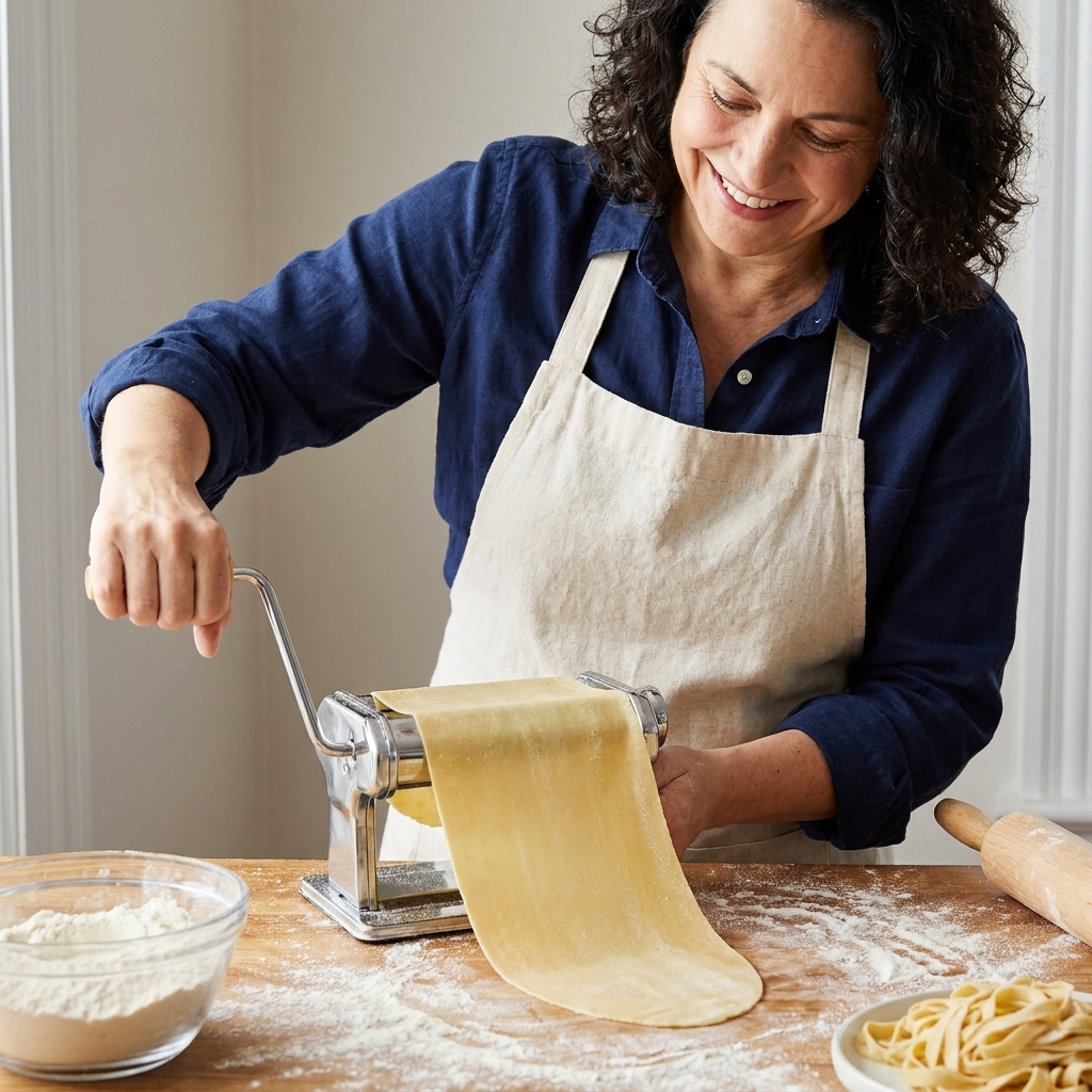 A thin sheet of gluten-free pasta dough passing through a hand-crank pasta machine on a wooden countertop with flour dusted nearby