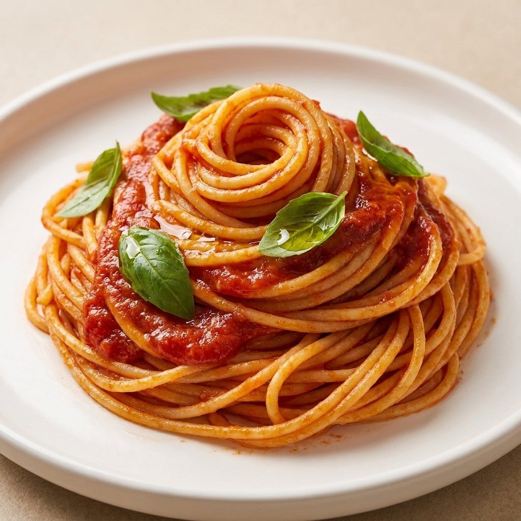 A twirl of spaghetti coated in marinara sauce on a white plate, finished with fresh basil leaves and a drizzle of olive oil