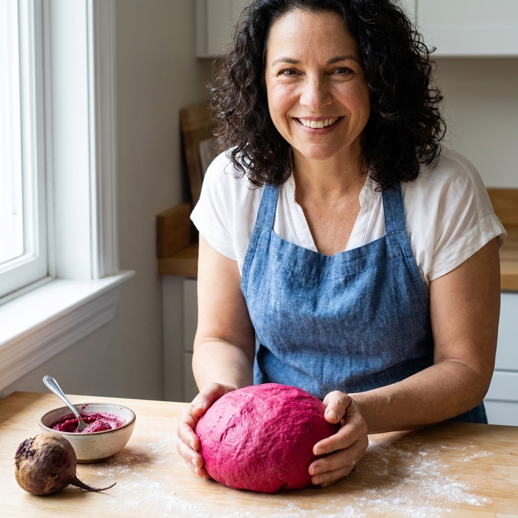 A vivid pink beet pasta dough ball on a lightly floured counter with a roasted beet and a small spoonful of beet puree nearby