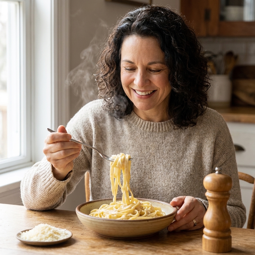 A warm ceramic bowl of fettuccine Alfredo ready to eat, with a small pile of grated Parmigiano and a pepper mill nearby