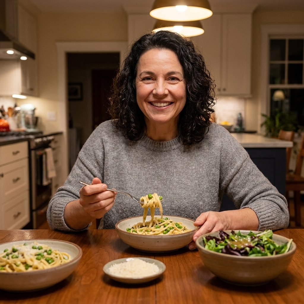 A weeknight dinner table set with bowls of pasta e piselli, grated cheese in a small dish, and a simple green salad