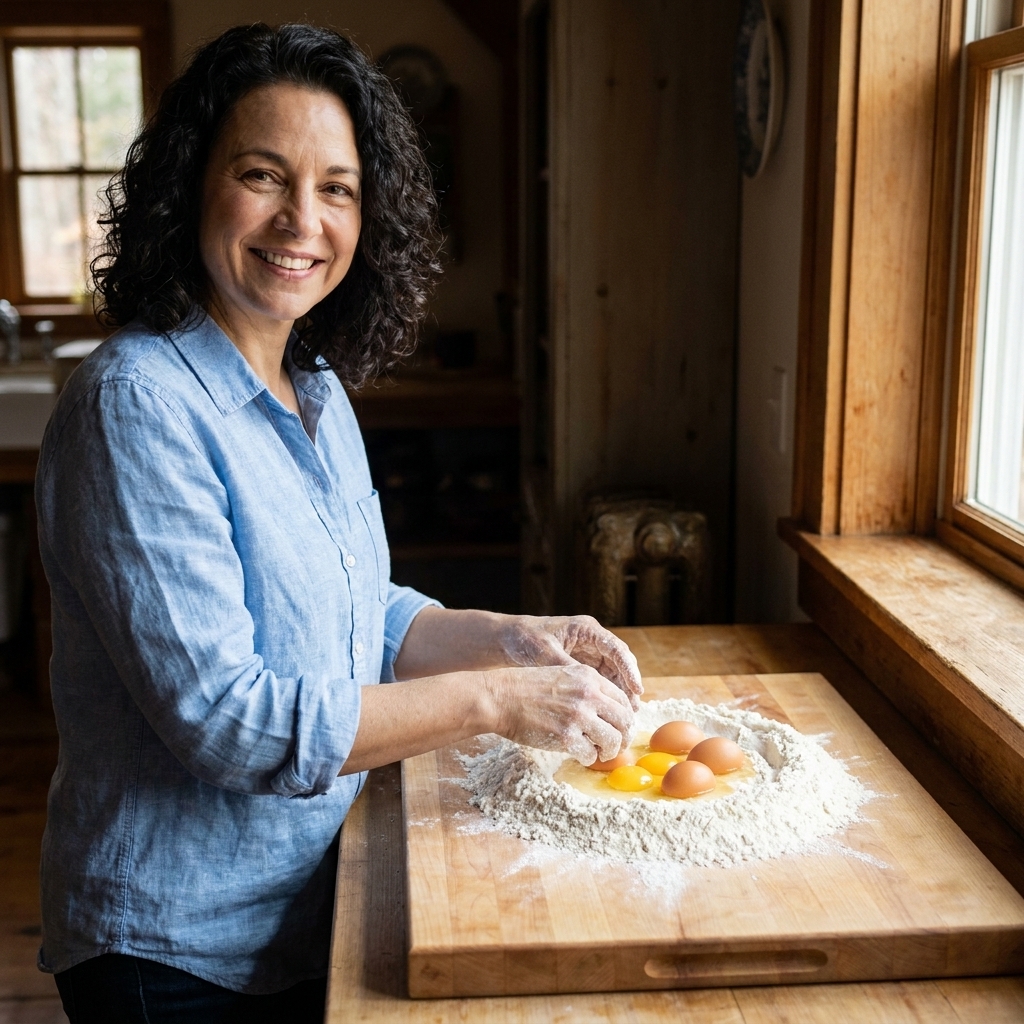 A wide flour well on a wooden board with whole eggs sitting in the center
