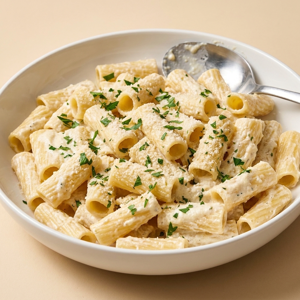 A wide serving bowl of rigatoni coated in creamy ricotta sauce with chopped parsley and grated Parmesan, with a spoon resting on the rim