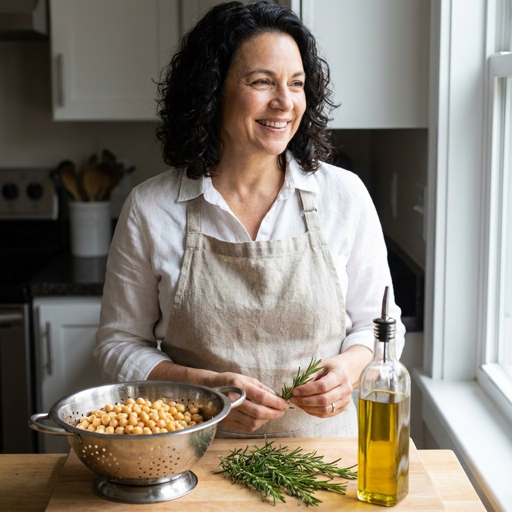 A wooden cutting board with canned chickpeas drained in a colander, fresh rosemary sprigs, and a bottle of olive oil ready for cooking