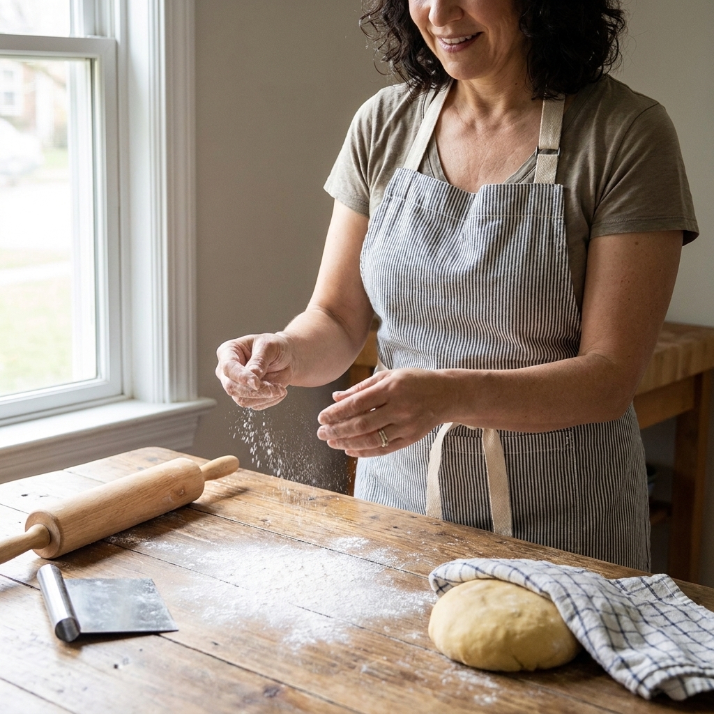 A wooden kitchen table lightly dusted with flour, with a rolling pin, bench scraper, and a rested ball of pasta dough covered with a towel