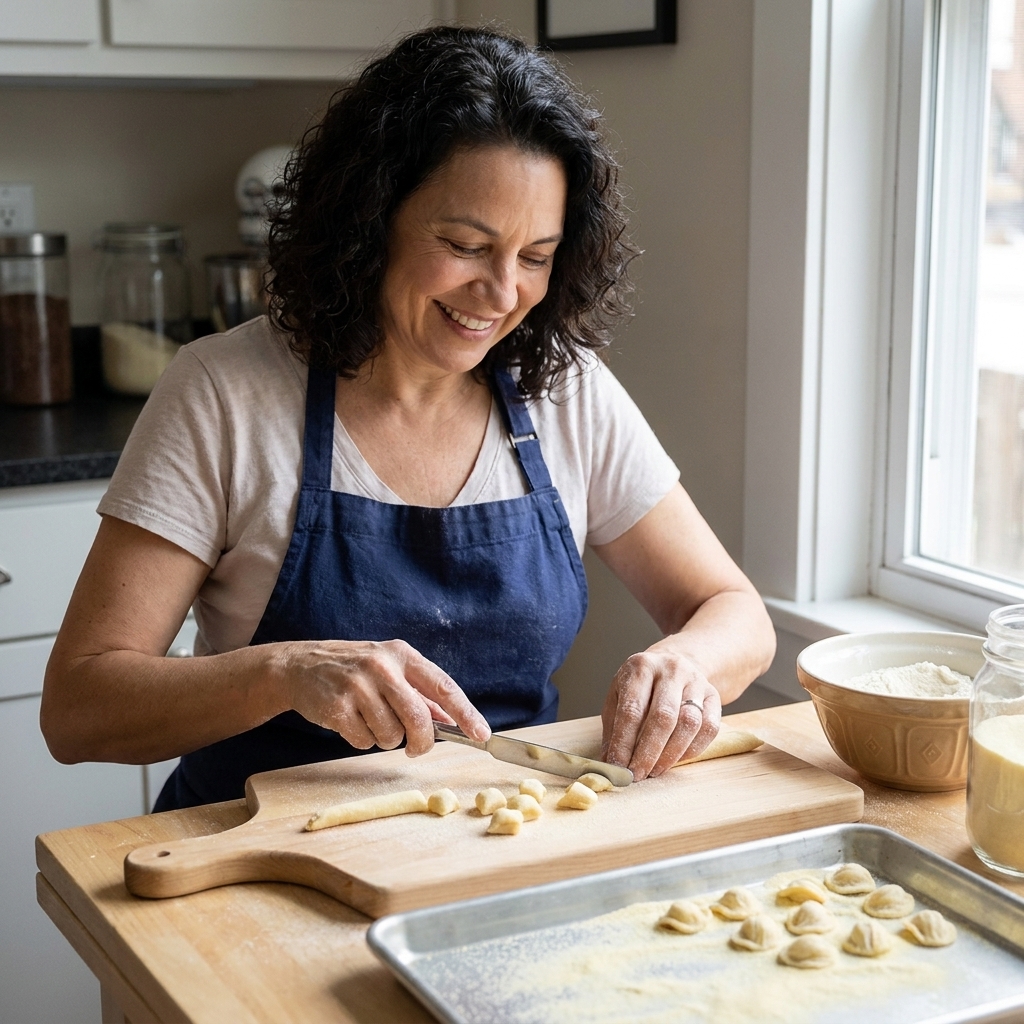 A wooden pasta board on a kitchen counter with a butter knife, small ropes of semolina dough, and a tray lightly dusted with semolina ready for shaped orecchiette