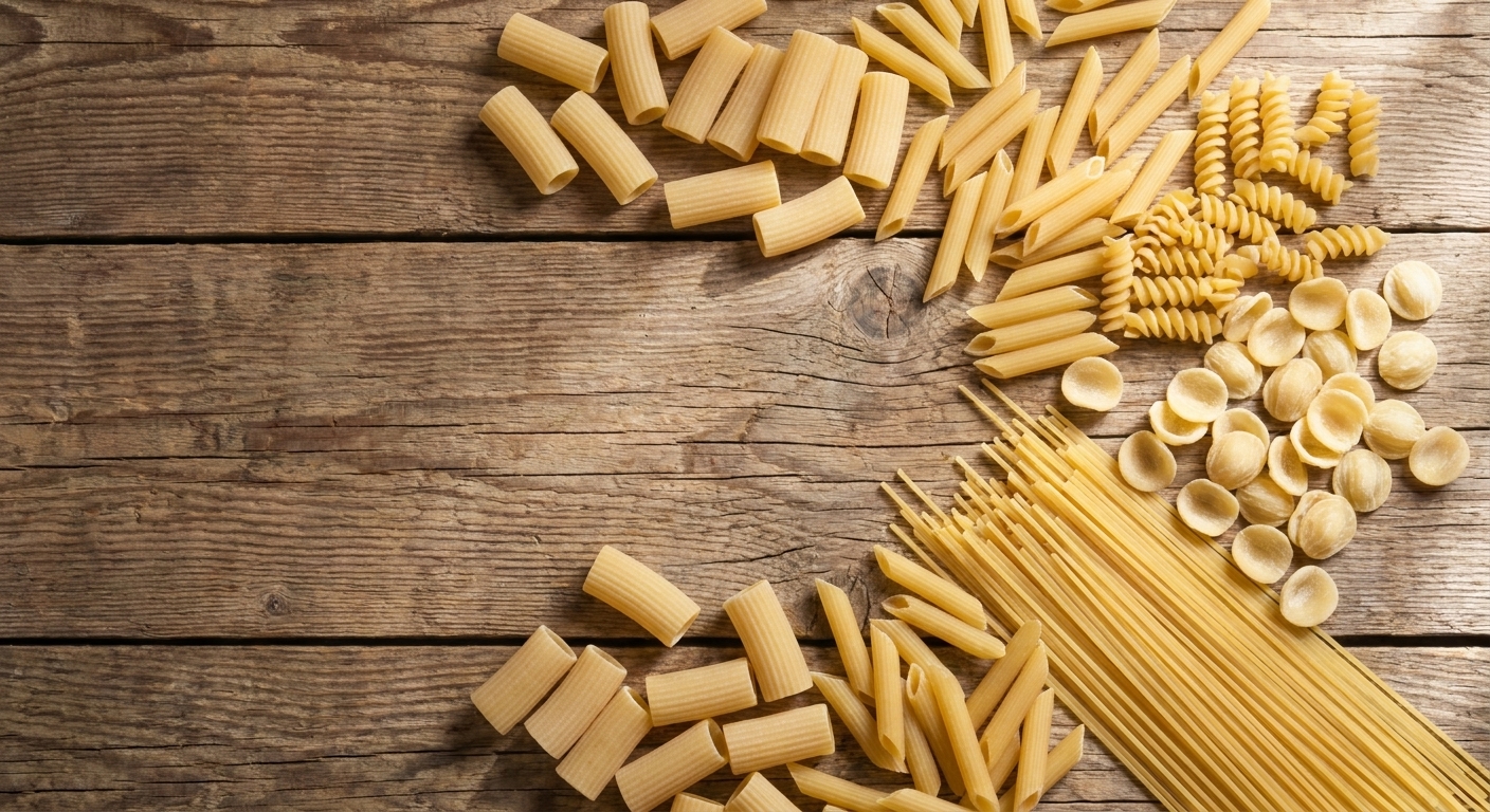 A wooden tabletop scattered with assorted dry pasta shapes like rigatoni, penne, fusilli, orecchiette, and spaghetti in natural light