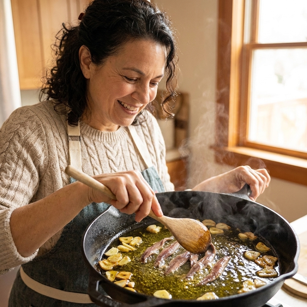 Anchovy fillets melting into warm olive oil with sliced garlic in a skillet, with a wooden spoon pressing them into the pan