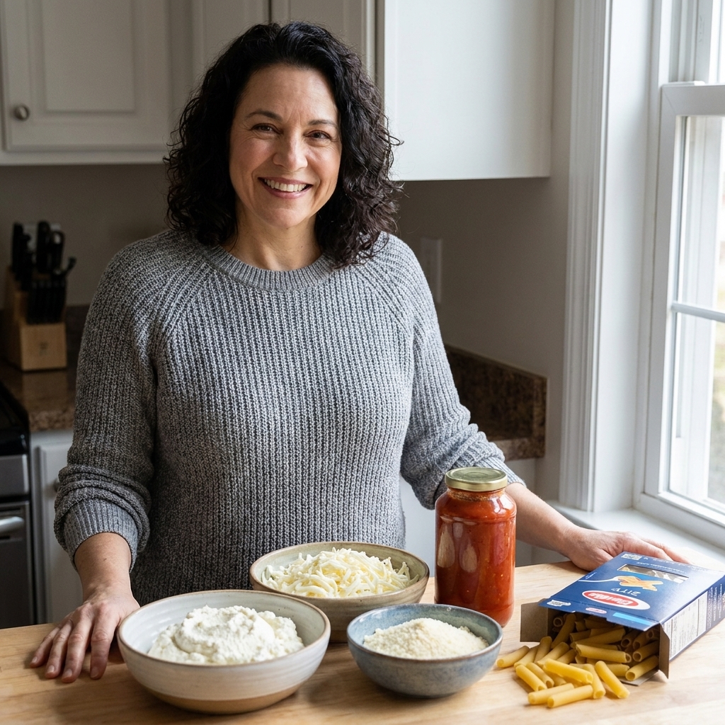 Bowls of ricotta, shredded mozzarella, grated Parmesan, and a jar of marinara arranged on a kitchen counter next to uncooked ziti