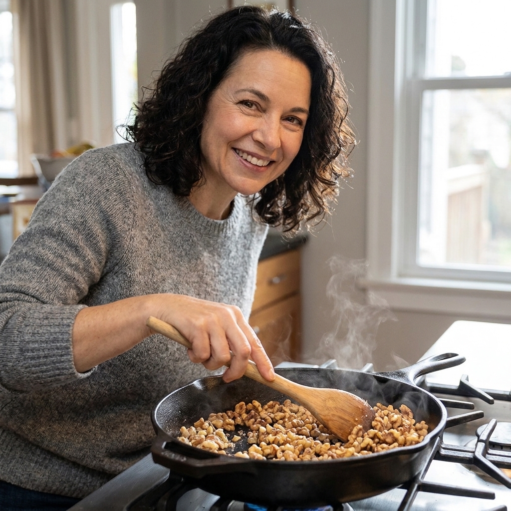 Chopped walnuts toasting in a dry skillet on a stovetop, turning golden at the edges
