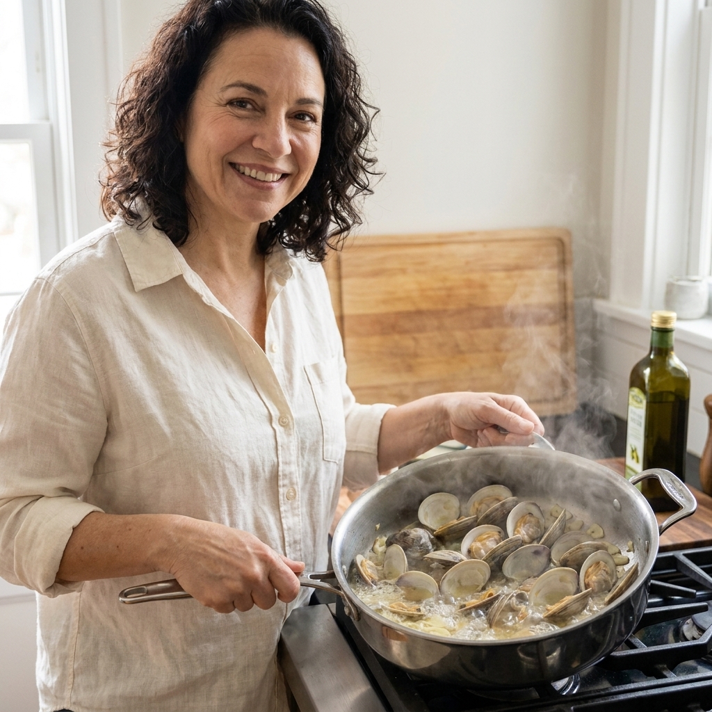 Clams steaming open in a wide sauté pan with sliced garlic and white wine bubbling around them
