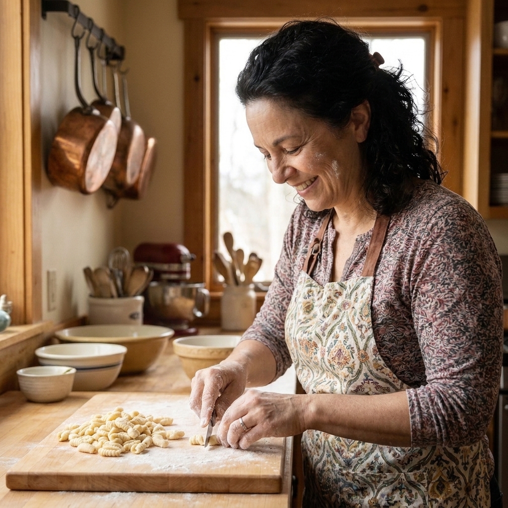 Clara Romano shaping cavatelli on a floured wooden board, with a small pile of finished pasta pieces beside her hands