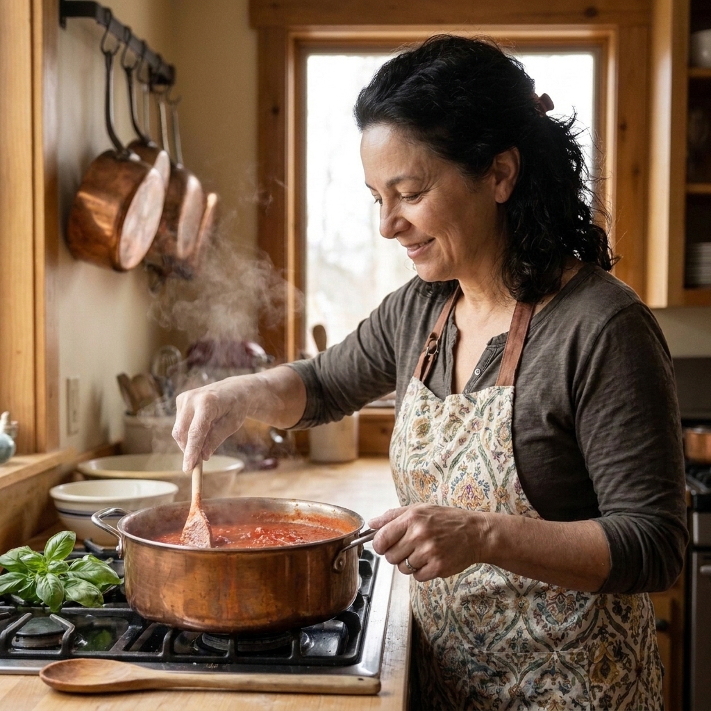 Clara Romano stirring a pot of tomato sauce at a gentle simmer on a stovetop, with basil leaves and a wooden spoon nearby