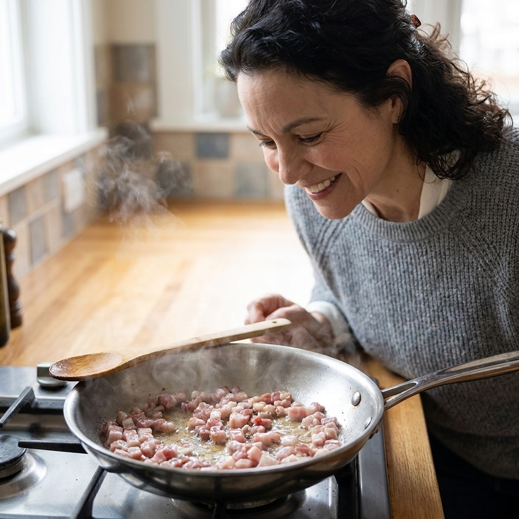 Diced pancetta rendering in a stainless steel pan, with a wooden spoon resting on the rim and steam rising
